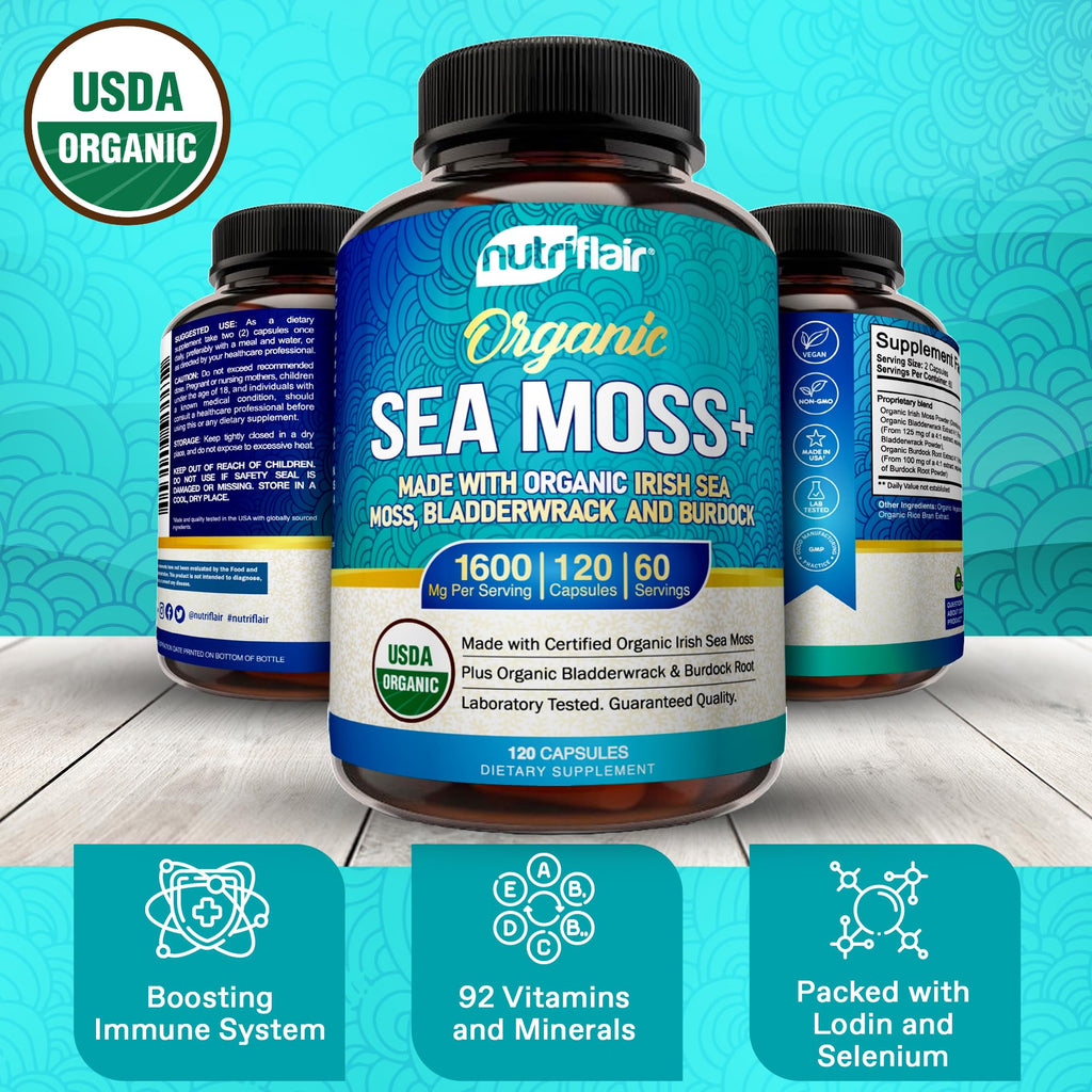 NutriFlair Organic Sea Moss 1600mg, 120 Capsules Plus Bladderwrack & Burdock - Prebiotic Super Food - Immune System & Digestive Health - Thyroid, Healthy Skin, Keto Detox, Gut - TrustMedUSA