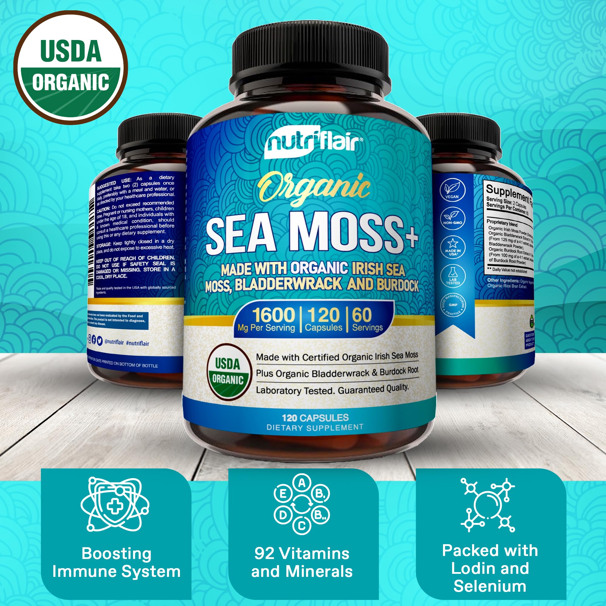 NutriFlair Organic Sea Moss 1600mg, 120 Capsules Plus Bladderwrack & Burdock - Prebiotic Super Food - Immune System & Digestive Health - Thyroid, Healthy Skin, Keto Detox, Gut - TrustMedUSA