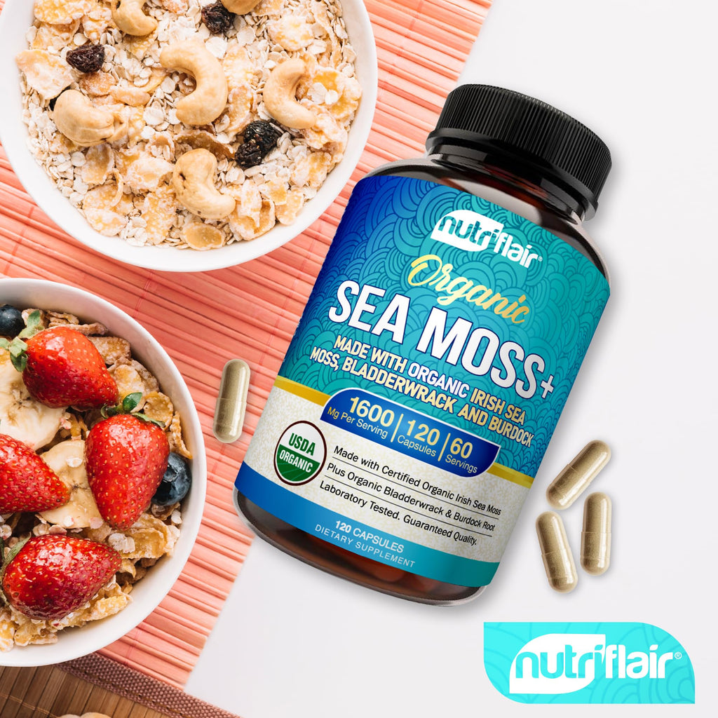 NutriFlair Organic Sea Moss 1600mg, 120 Capsules Plus Bladderwrack & Burdock - Prebiotic Super Food - Immune System & Digestive Health - Thyroid, Healthy Skin, Keto Detox, Gut - TrustMedUSA