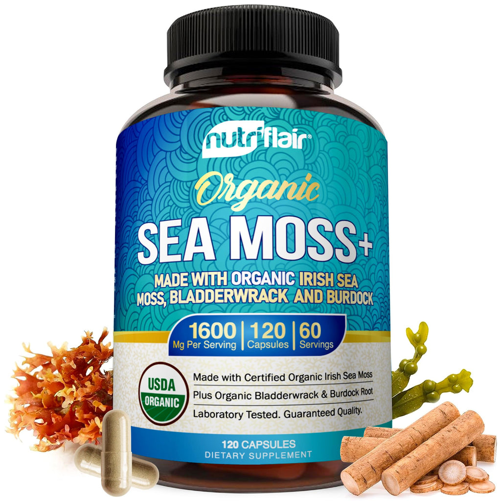 NutriFlair Organic Sea Moss 1600mg, 120 Capsules Plus Bladderwrack & Burdock - Prebiotic Super Food - Immune System & Digestive Health - Thyroid, Healthy Skin, Keto Detox, Gut - TrustMedUSA