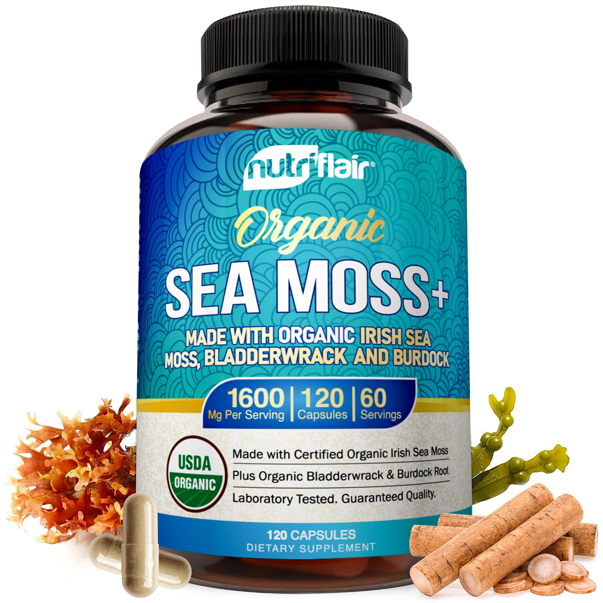 NutriFlair Organic Sea Moss 1600mg, 120 Capsules Plus Bladderwrack & Burdock - Prebiotic Super Food - Immune System & Digestive Health - Thyroid, Healthy Skin, Keto Detox, Gut - TrustMedUSA