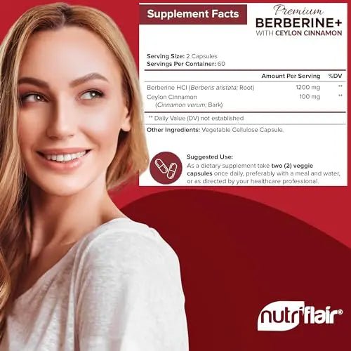 NutriFlair Premium Berberine HCL 1200mg, 120 Capsules - Plus Pure True Ceylon Cinnamon - TrustMedUSA