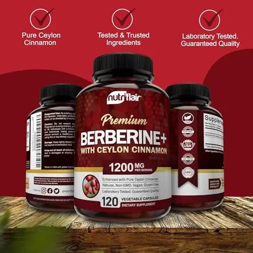 NutriFlair Premium Berberine HCL 1200mg, 120 Capsules - Plus Pure True Ceylon Cinnamon - TrustMedUSA