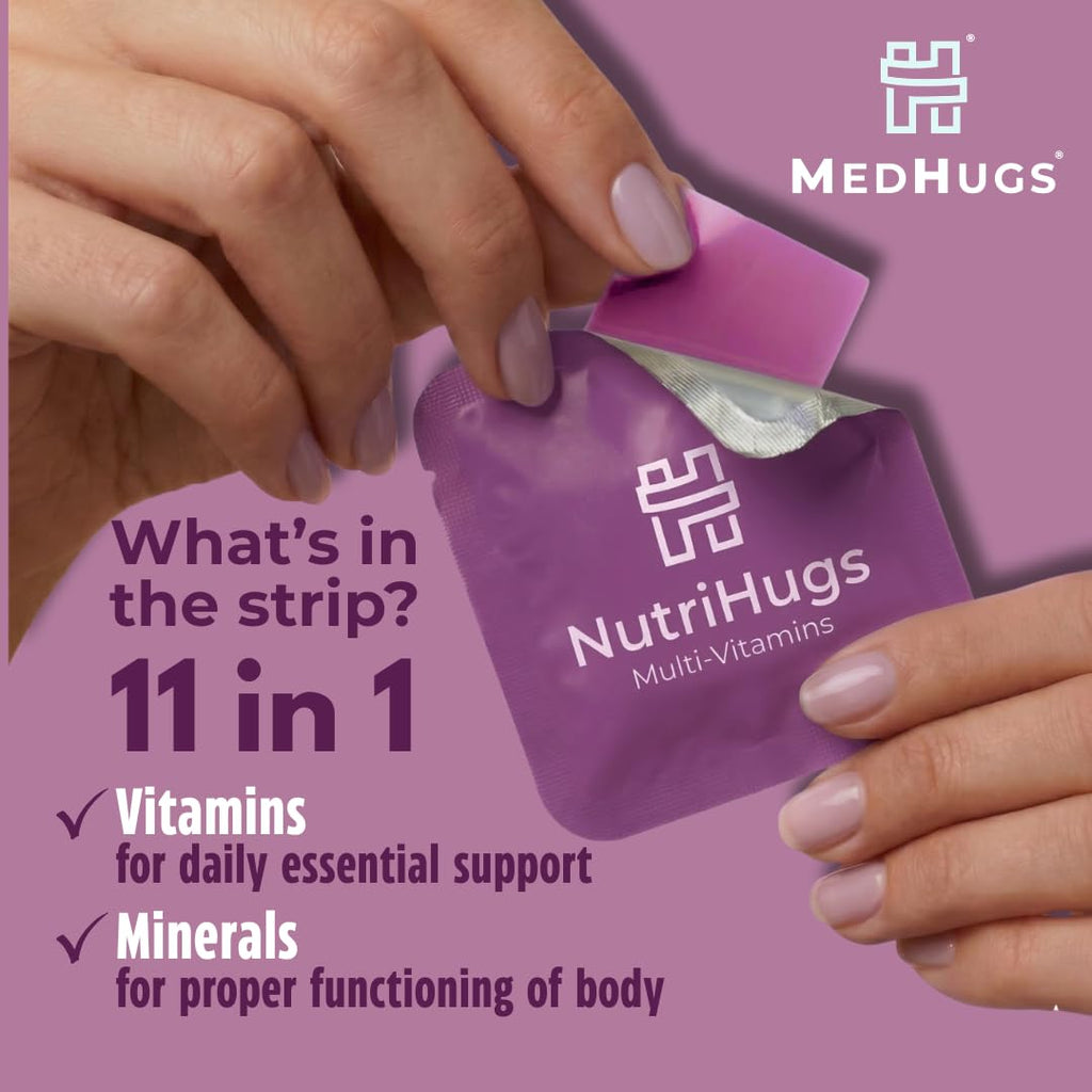 NutriHugs Daily Multivitamin Dissolving Strips - Vitamins A, B-Complex, C, D3 and K2 - 11 Essential Vitamins & Minerals - Vegan, Sugar-Free, Fast-Absorbing Oral Thin Film - Doctor-Founded - 30 Count - TrustMedUSA