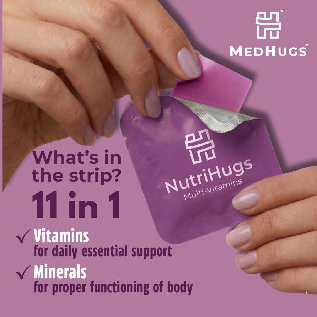 NutriHugs Daily Multivitamin Dissolving Strips - Vitamins A, B-Complex, C, D3 and K2 - 11 Essential Vitamins & Minerals - Vegan, Sugar-Free, Fast-Absorbing Oral Thin Film - Doctor-Founded - 30 Count - TrustMedUSA
