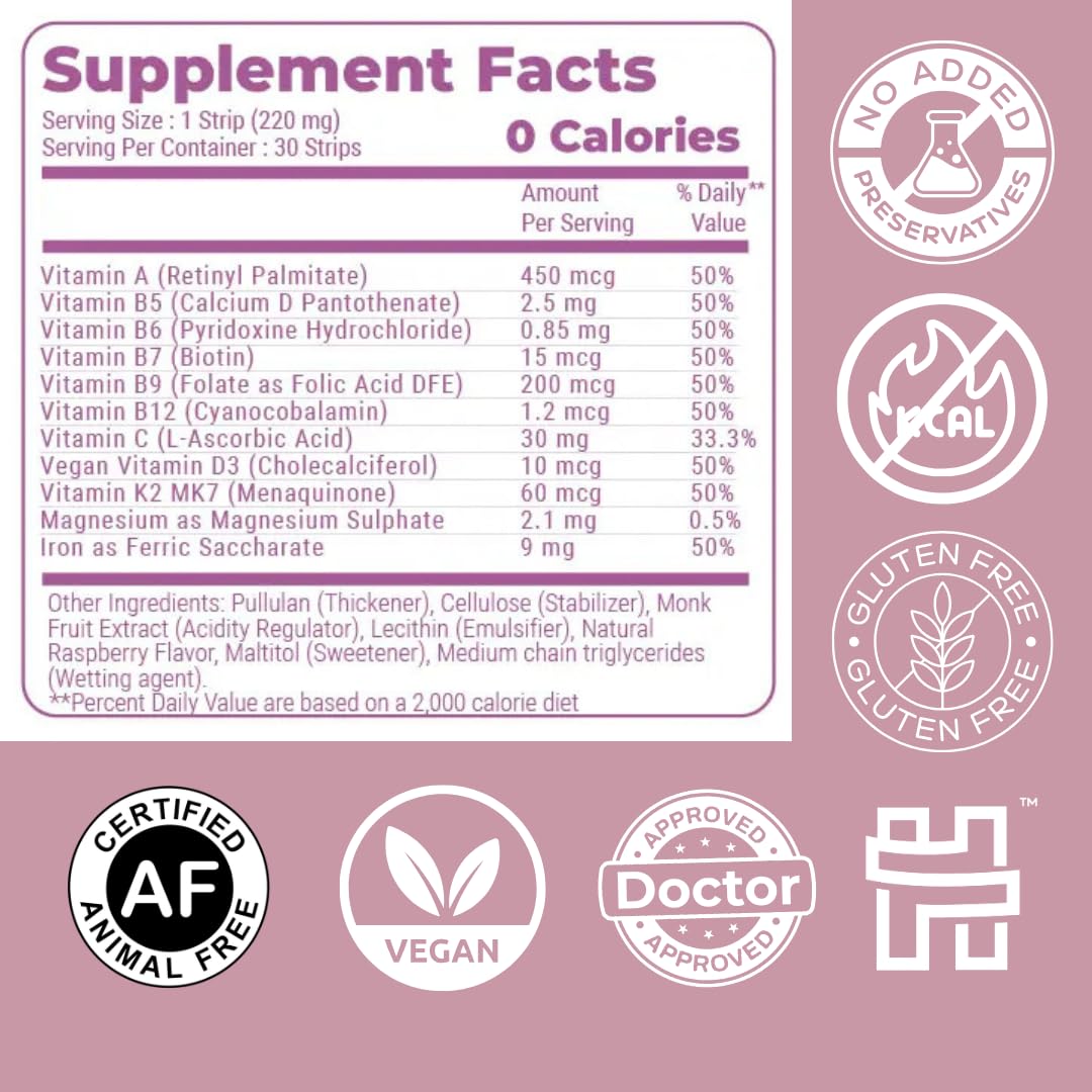 NutriHugs Daily Multivitamin Dissolving Strips - Vitamins A, B-Complex, C, D3 and K2 - 11 Essential Vitamins & Minerals - Vegan, Sugar-Free, Fast-Absorbing Oral Thin Film - Doctor-Founded - 30 Count - TrustMedUSA