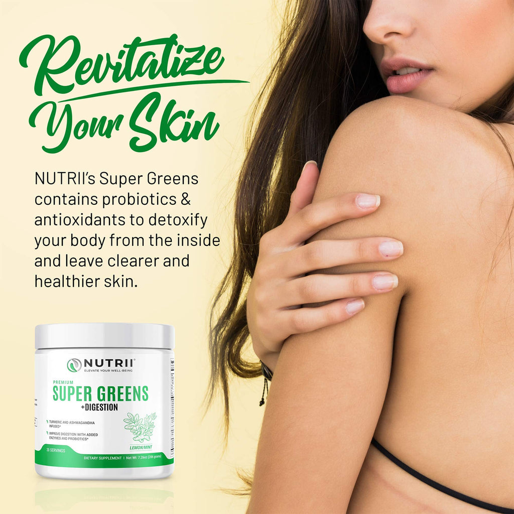 Nutrii Organic Green Immunity Superfood Powder - Soothes Digestion, Boosts Healthy Vitality and Energy. Fast Acting Formula with Probiotics, Enzymes, Turmeric and Ashwagandha (30 Servings Lemon-Mint) - TrustMedUSA