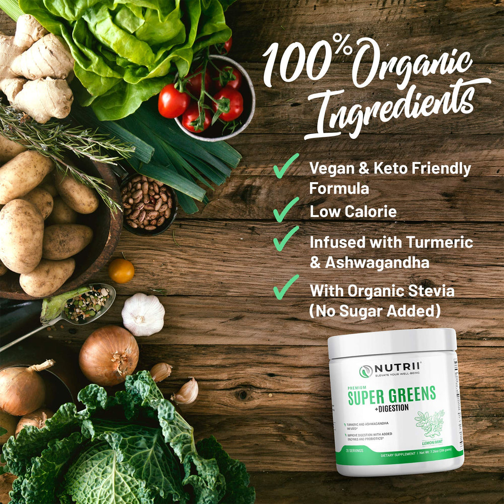 Nutrii Organic Green Immunity Superfood Powder - Soothes Digestion, Boosts Healthy Vitality and Energy. Fast Acting Formula with Probiotics, Enzymes, Turmeric and Ashwagandha (30 Servings Lemon-Mint) - TrustMedUSA