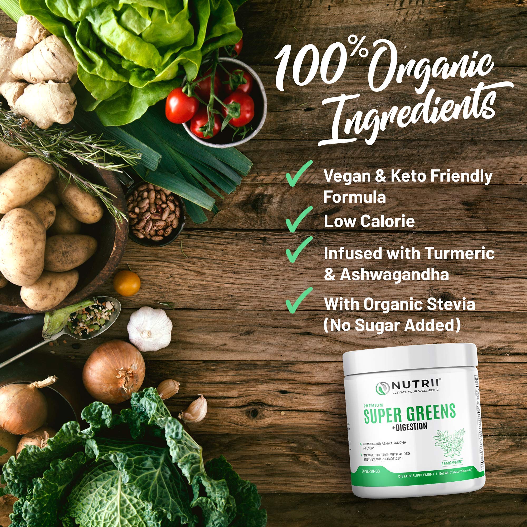 Nutrii Organic Green Immunity Superfood Powder - Soothes Digestion, Boosts Healthy Vitality and Energy. Fast Acting Formula with Probiotics, Enzymes, Turmeric and Ashwagandha (30 Servings Lemon-Mint) - TrustMedUSA