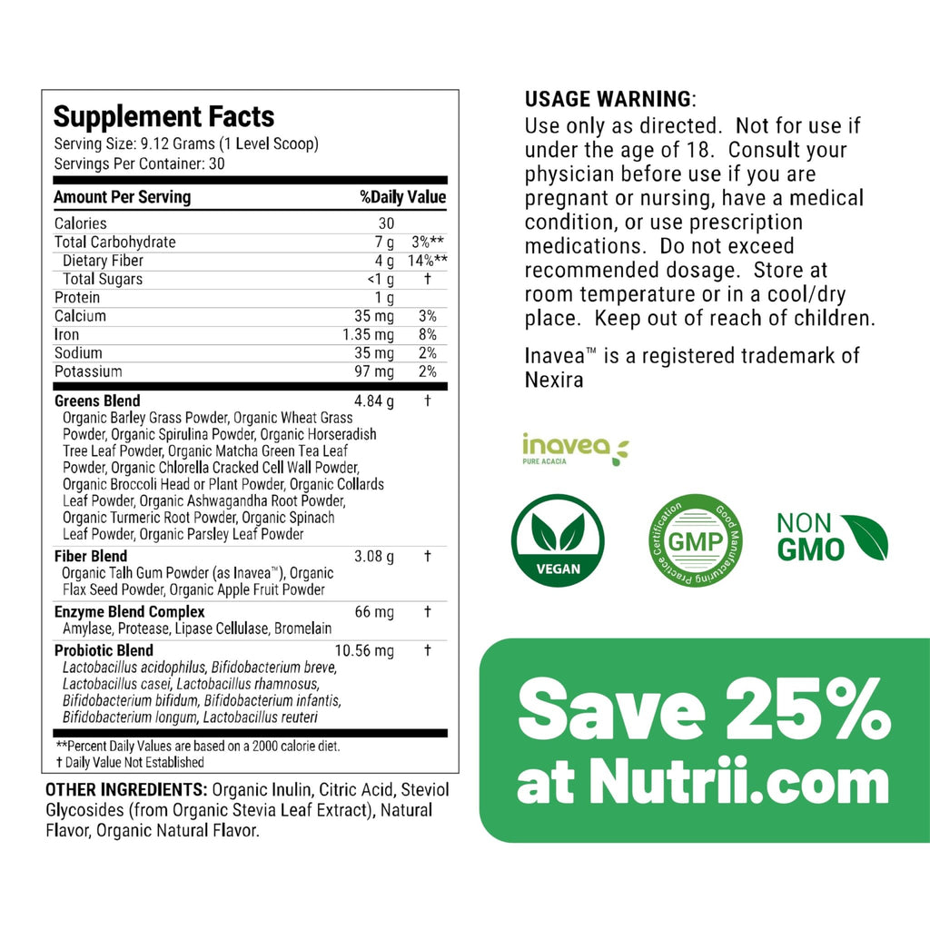 Nutrii Organic Green Immunity Superfood Powder - Soothes Digestion, Boosts Healthy Vitality and Energy. Fast Acting Formula with Probiotics, Enzymes, Turmeric and Ashwagandha (30 Servings Lemon-Mint) - TrustMedUSA