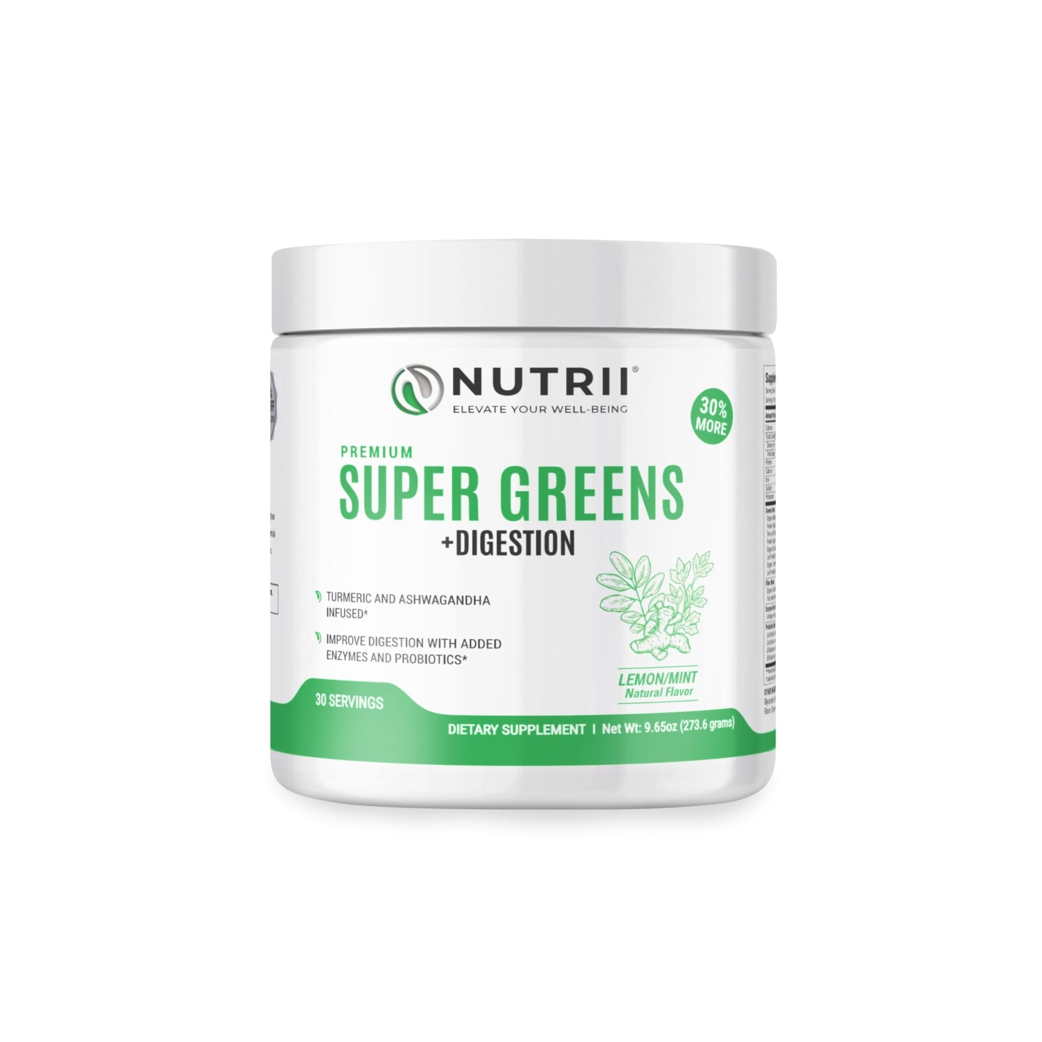 Nutrii Organic Green Immunity Superfood Powder - Soothes Digestion, Boosts Healthy Vitality and Energy. Fast Acting Formula with Probiotics, Enzymes, Turmeric and Ashwagandha (30 Servings Lemon-Mint) - TrustMedUSA