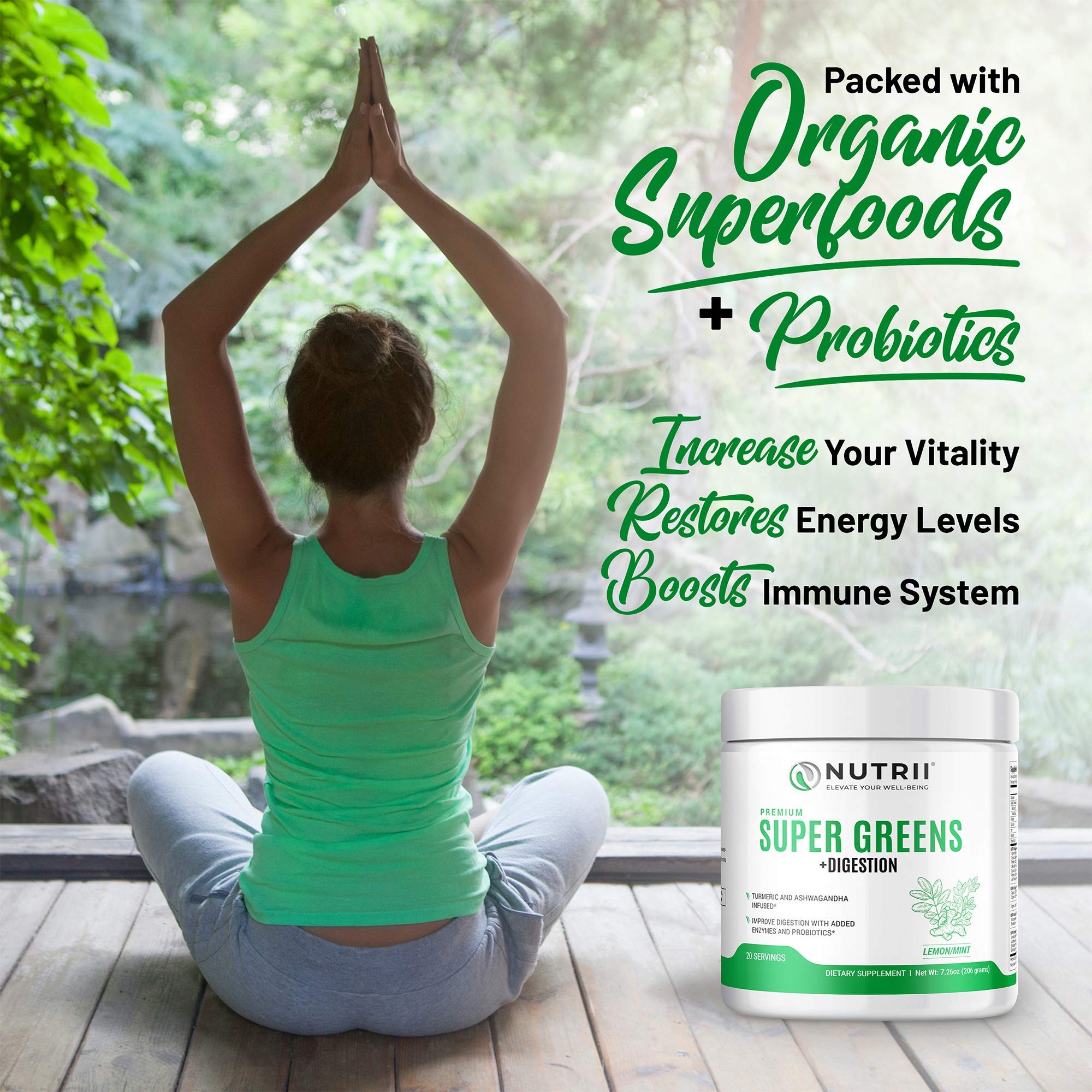 Nutrii Organic Green Immunity Superfood Powder - Soothes Digestion, Boosts Healthy Vitality and Energy. Fast Acting Formula with Probiotics, Enzymes, Turmeric and Ashwagandha (30 Servings Lemon-Mint) - TrustMedUSA