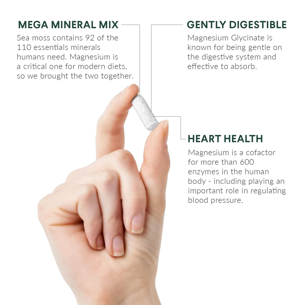 Nutritional Roots - Magnesium + Irish Sea Moss - 350mg Magnesium Glycinate & Organic Irish Sea Moss - Essential Minerals - Supports Heart & Bone Health - Dietary Supplement - 30 Servings - 60 Capsules - TrustMedUSA