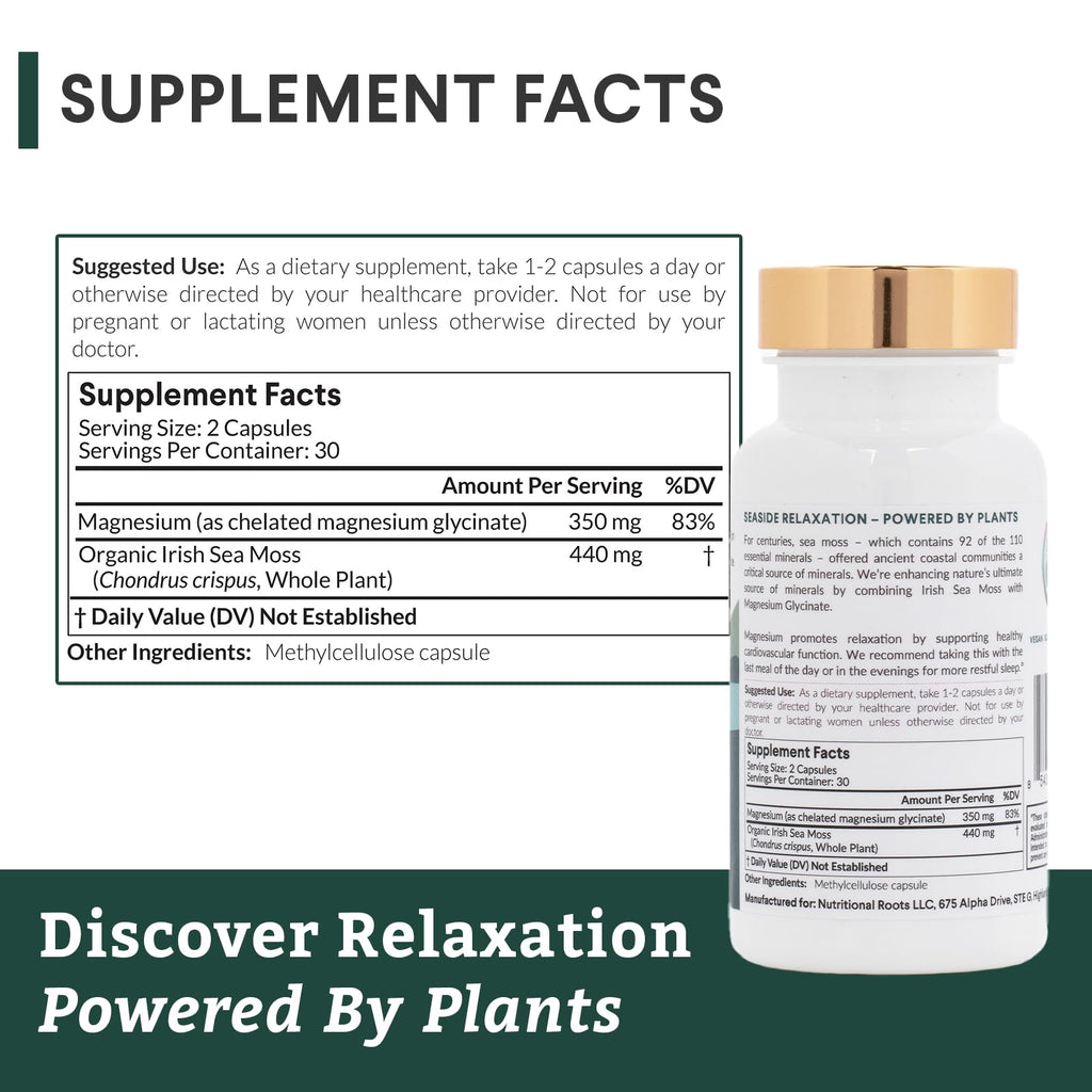 Nutritional Roots - Magnesium + Irish Sea Moss - 350mg Magnesium Glycinate & Organic Irish Sea Moss - Essential Minerals - Supports Heart & Bone Health - Dietary Supplement - 30 Servings - 60 Capsules - TrustMedUSA