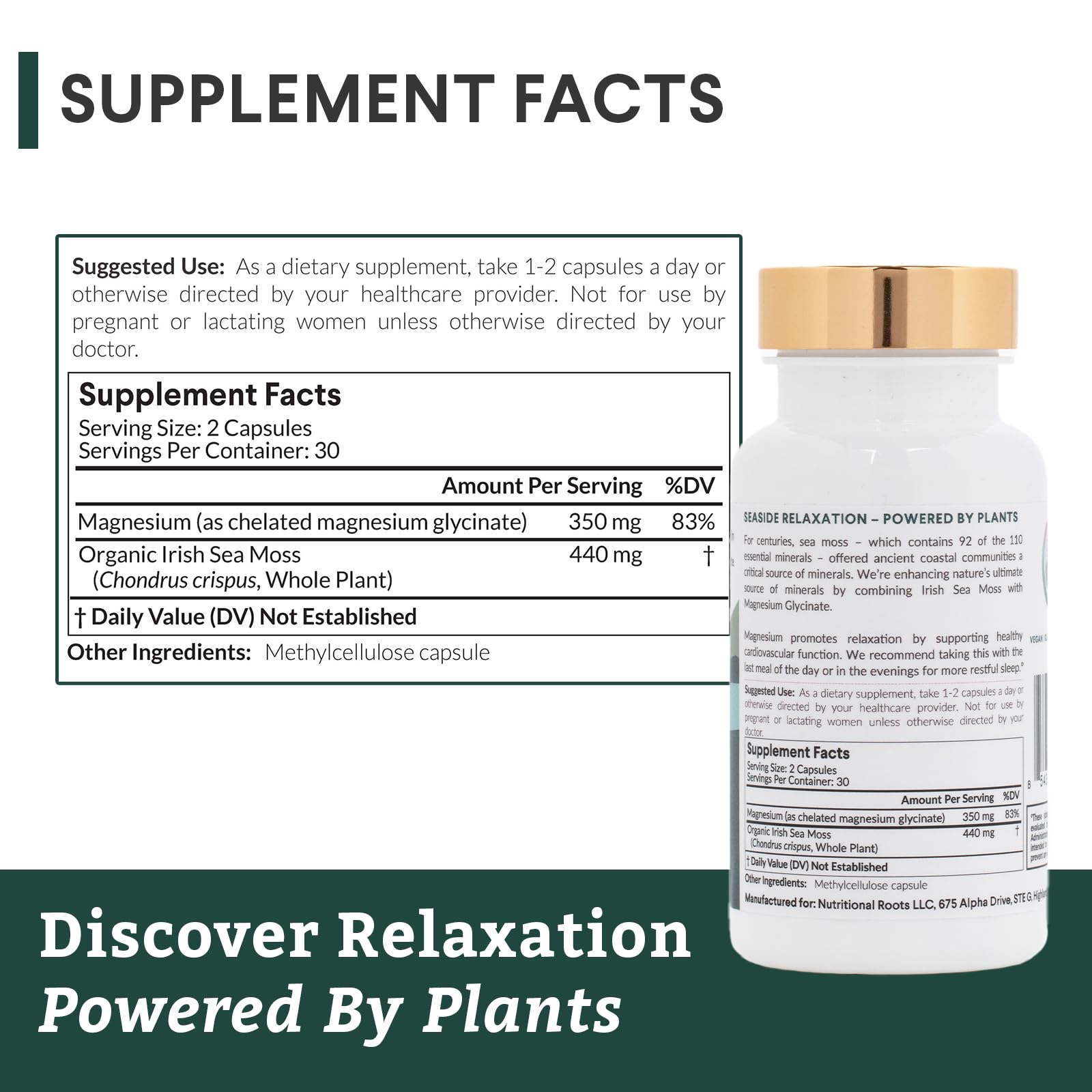 Nutritional Roots - Magnesium + Irish Sea Moss - 350mg Magnesium Glycinate & Organic Irish Sea Moss - Essential Minerals - Supports Heart & Bone Health - Dietary Supplement - 30 Servings - 60 Capsules - TrustMedUSA