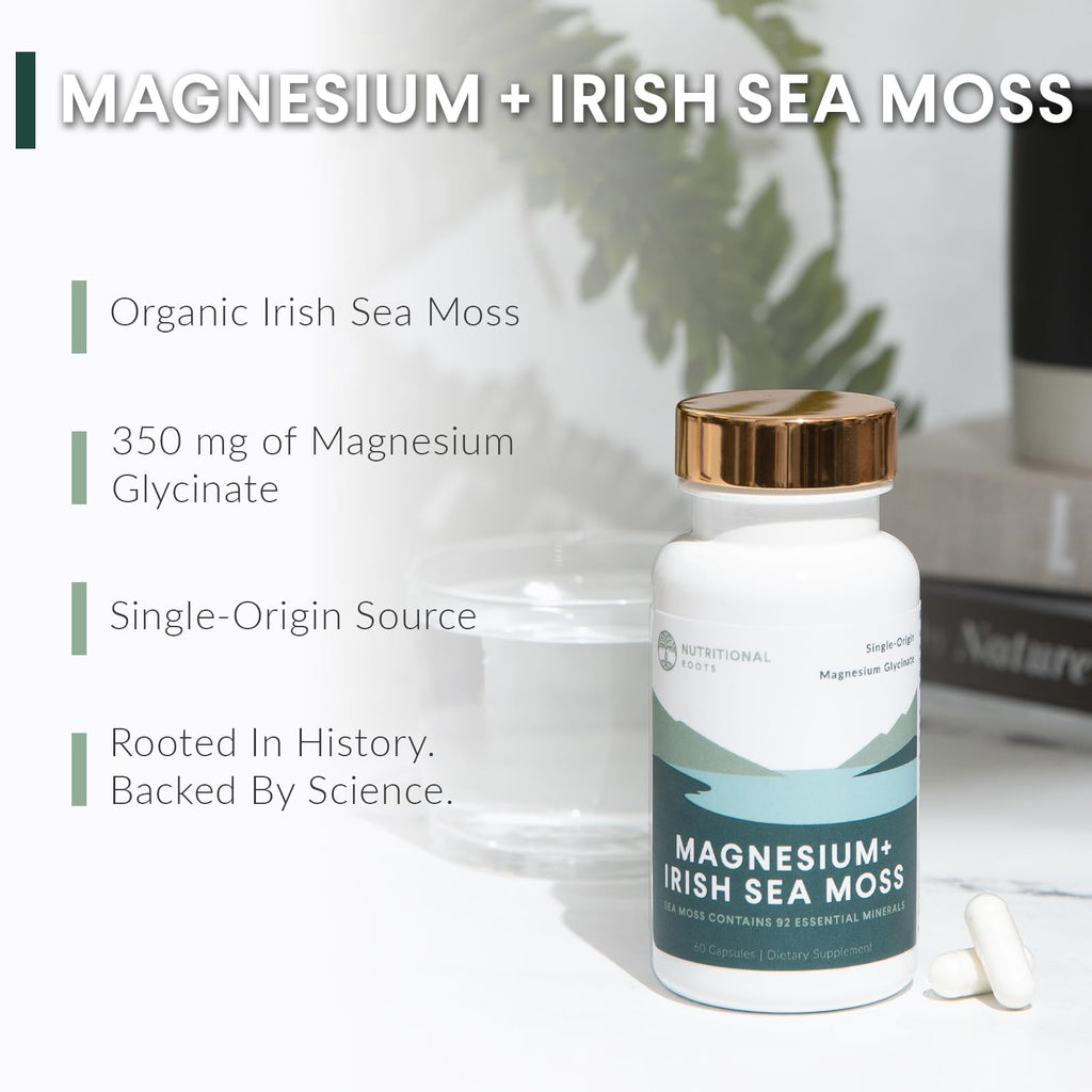 Nutritional Roots - Magnesium + Irish Sea Moss - 350mg Magnesium Glycinate & Organic Irish Sea Moss - Essential Minerals - Supports Heart & Bone Health - Dietary Supplement - 30 Servings - 60 Capsules - TrustMedUSA