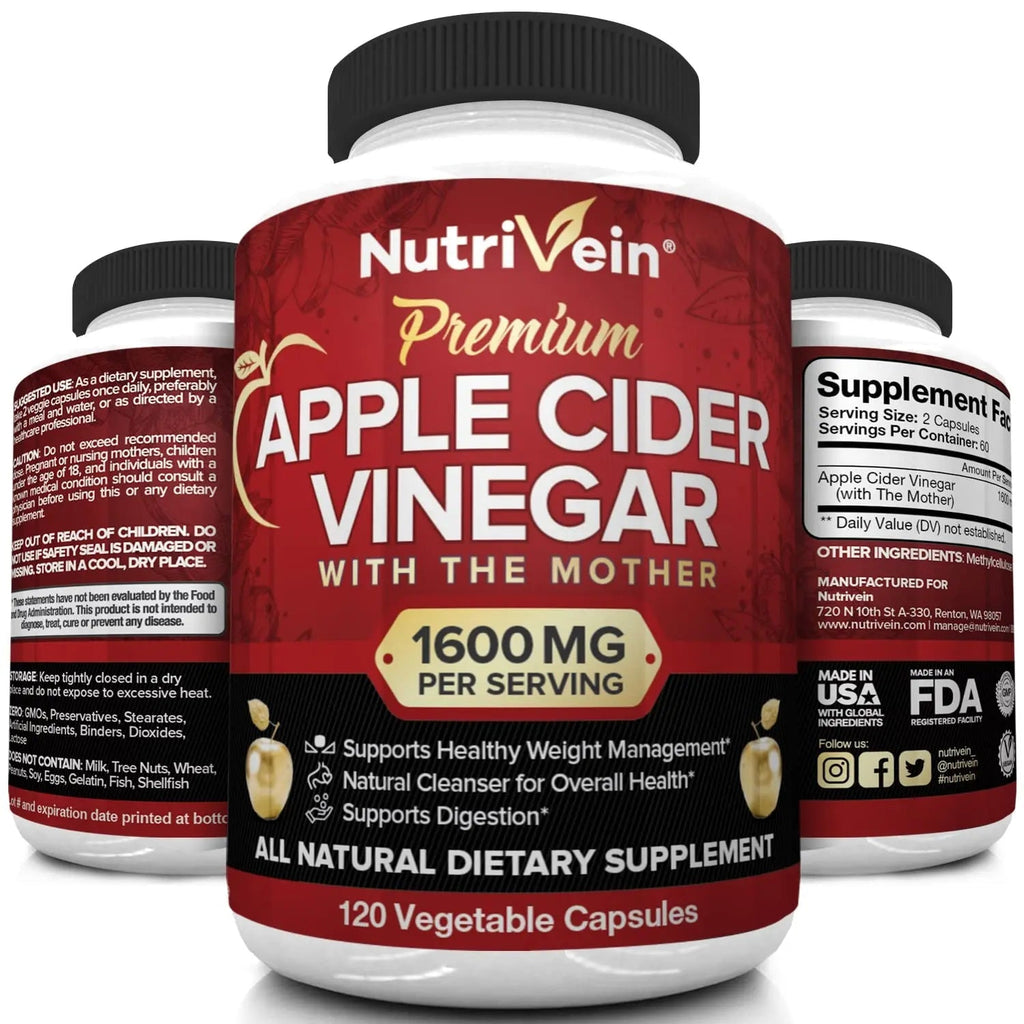Nutrivein Apple Cider Vinegar Capsules with Mother - 1600mg - 120 Vegan - TrustMedUSA