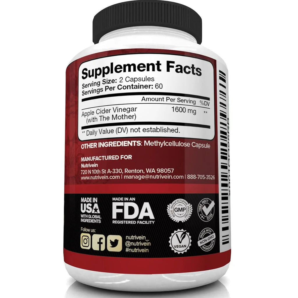 Nutrivein Apple Cider Vinegar Capsules with Mother - 1600mg - 120 Vegan - TrustMedUSA