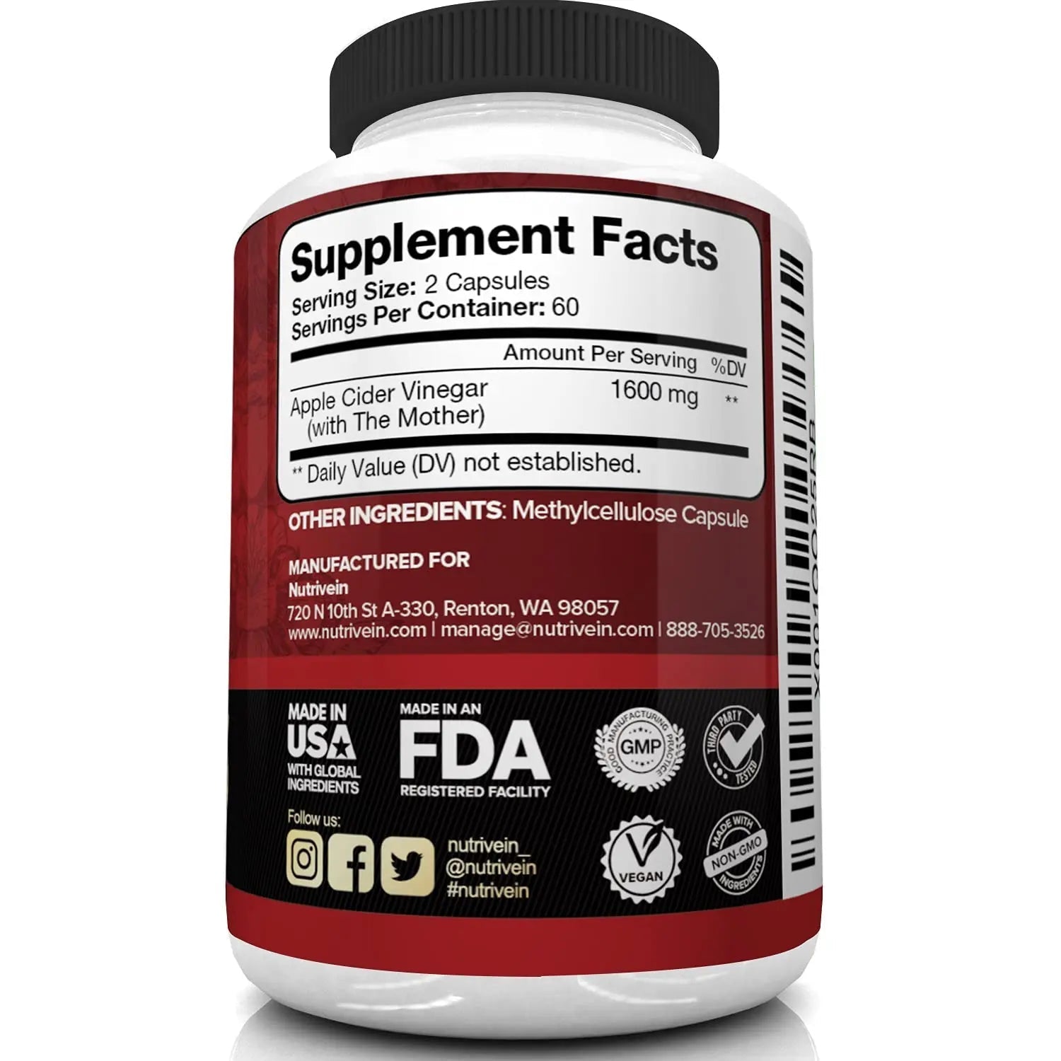Nutrivein Apple Cider Vinegar Capsules with Mother - 1600mg - 120 Vegan - TrustMedUSA