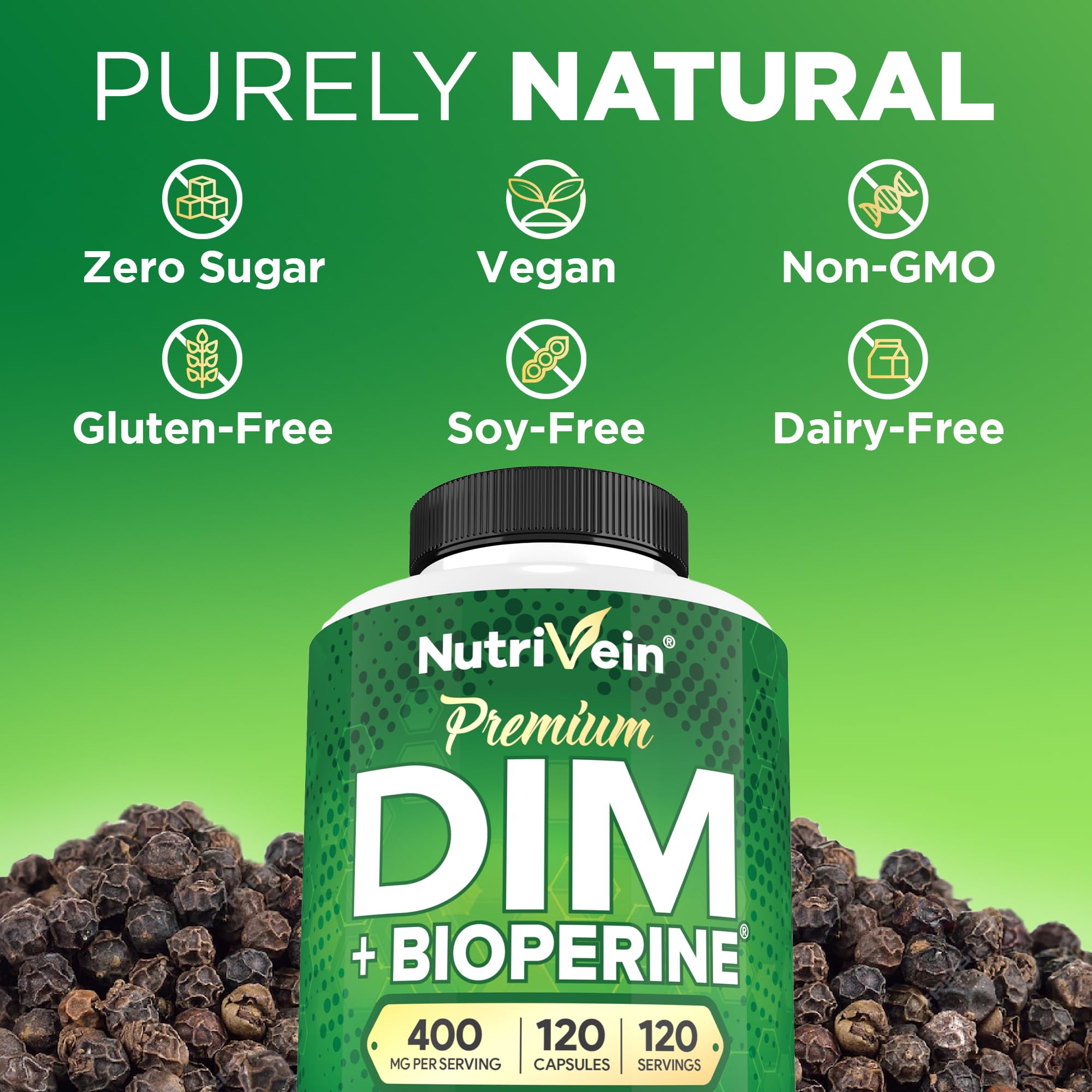 Nutrivein Premium DIM Supplement 400 mg Daily - 120 Servings (120 Capsules): Diindolylmethane for Women and Men - Plus Bioperine - Estrogen Supplement - Menopause and Middle Age Support - TrustMedUSA