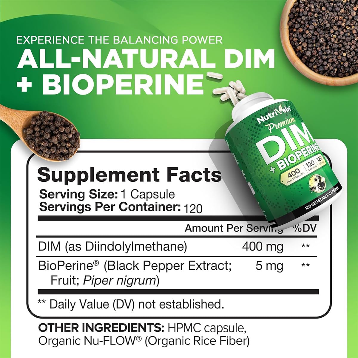 Nutrivein Premium DIM Supplement 400 mg Daily - 120 Servings (120 Capsules): Diindolylmethane for Women and Men - Plus Bioperine - Estrogen Supplement - Menopause and Middle Age Support - TrustMedUSA