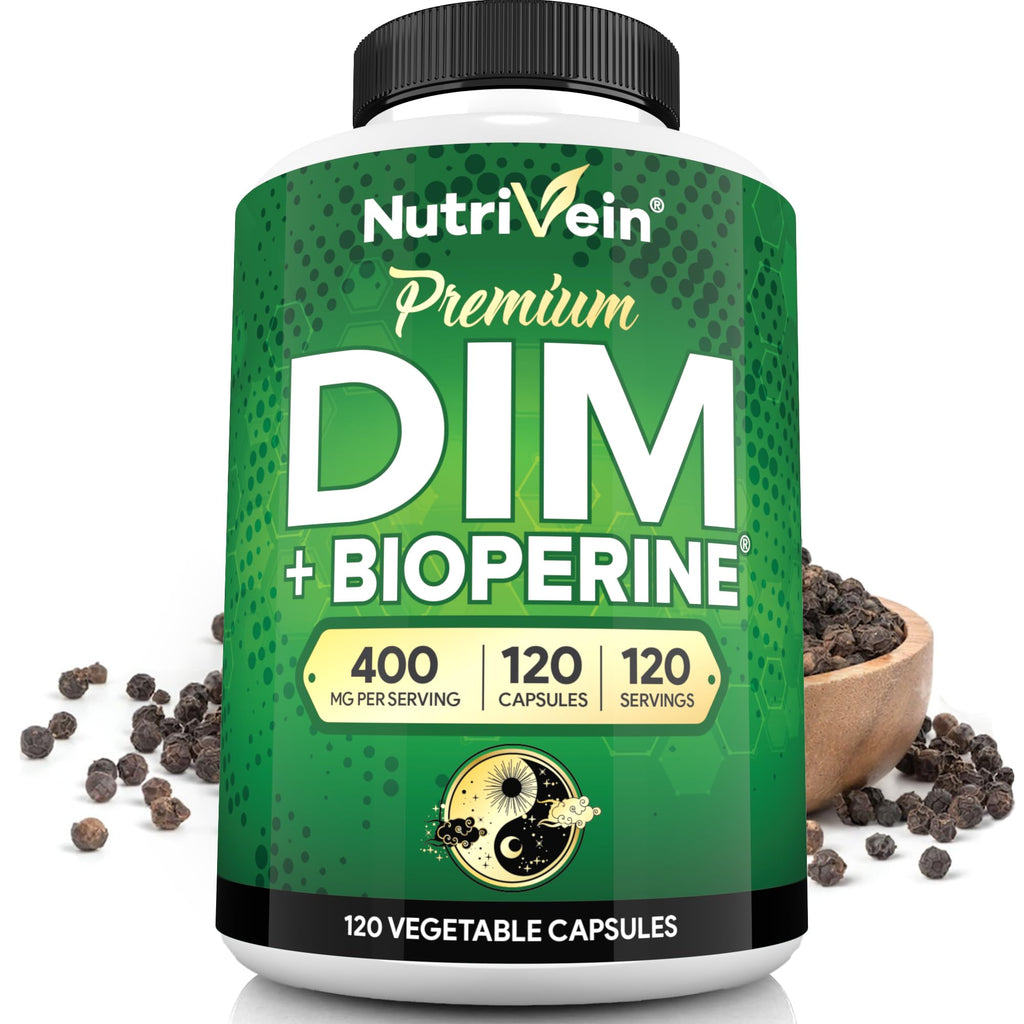 Nutrivein Premium DIM Supplement 400 mg Daily - 120 Servings (120 Capsules): Diindolylmethane for Women and Men - Plus Bioperine - Estrogen Supplement - Menopause and Middle Age Support - TrustMedUSA