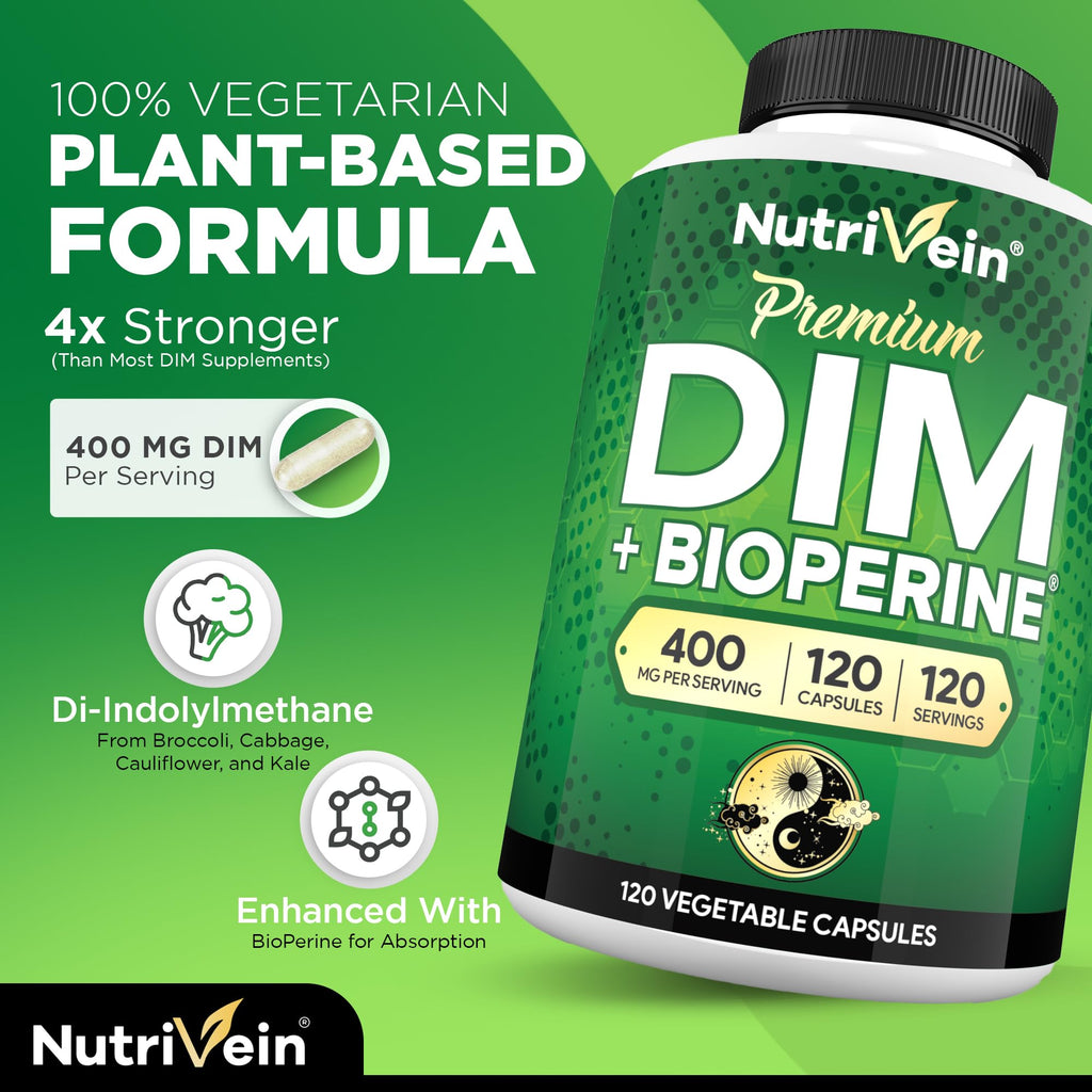 Nutrivein Premium DIM Supplement 400 mg Daily - 120 Servings (120 Capsules): Diindolylmethane for Women and Men - Plus Bioperine - Estrogen Supplement - Menopause and Middle Age Support - TrustMedUSA