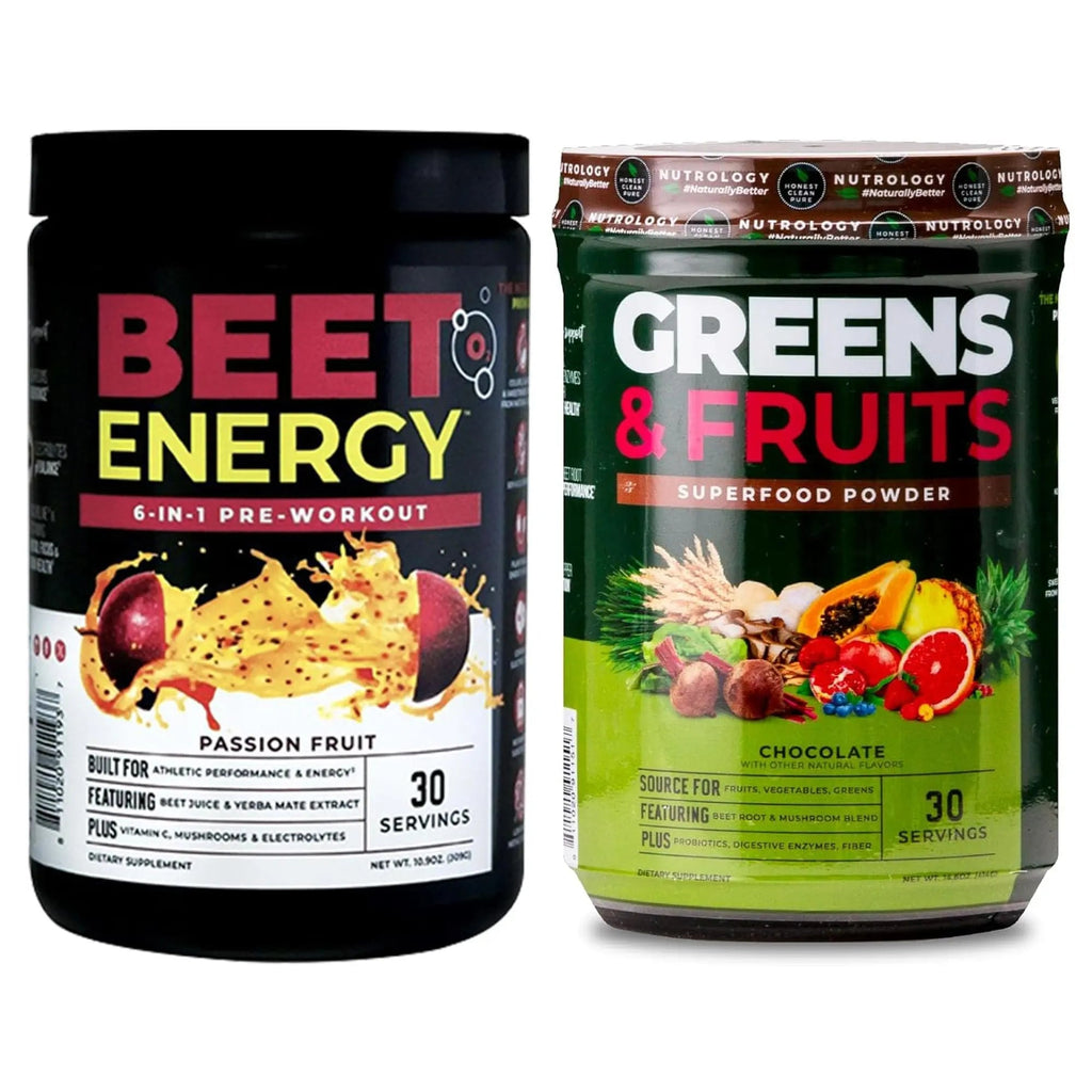 Nutrology Greens & Fruits Powder-Naturally Sourced Superfood, Chocolate (30 Servings) Beet Natural O2, Pre Workout Powder, Passion Fruit Flavor (30 Servings) - TrustMedUSA
