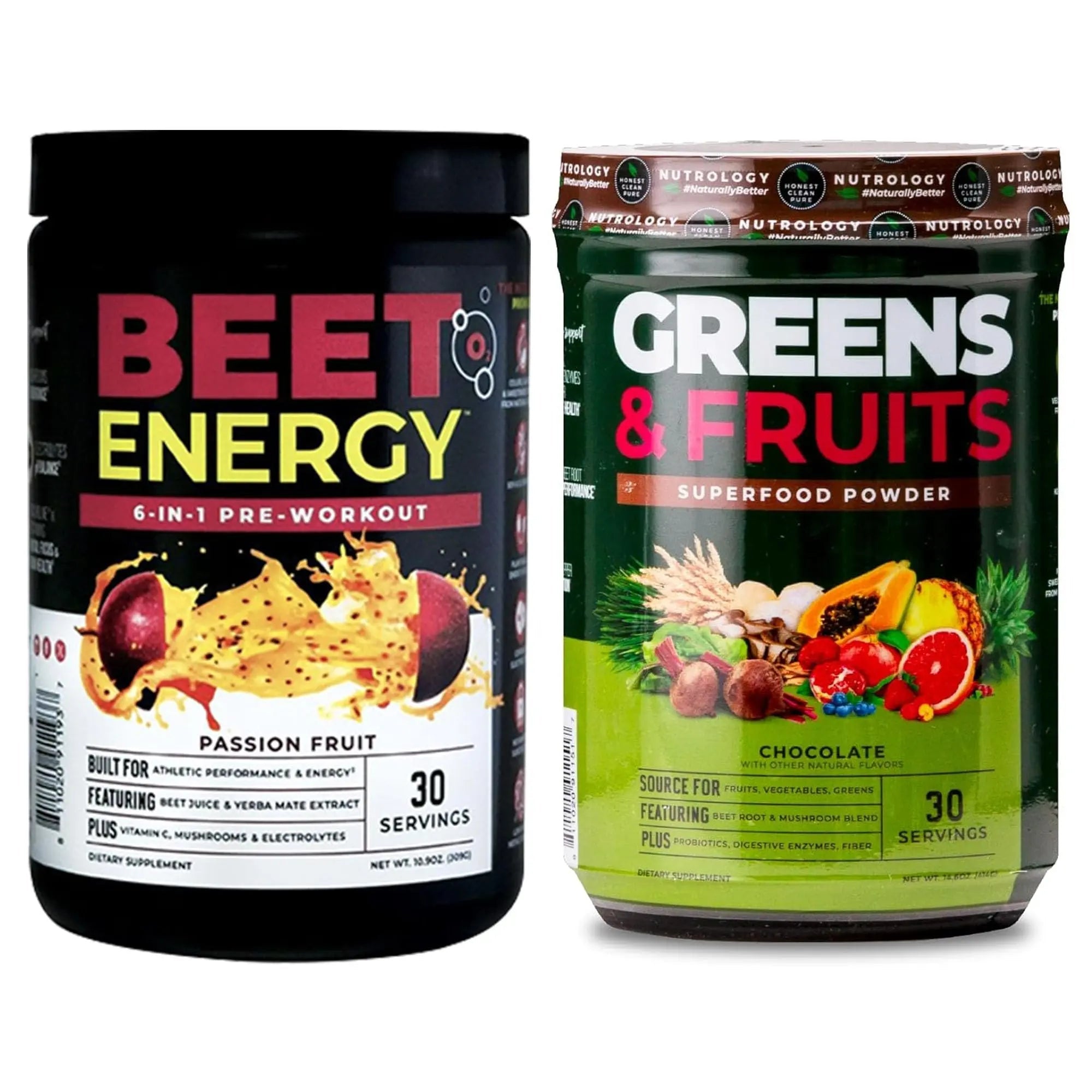 Nutrology Greens & Fruits Powder-Naturally Sourced Superfood, Chocolate (30 Servings) Beet Natural O2, Pre Workout Powder, Passion Fruit Flavor (30 Servings) - TrustMedUSA