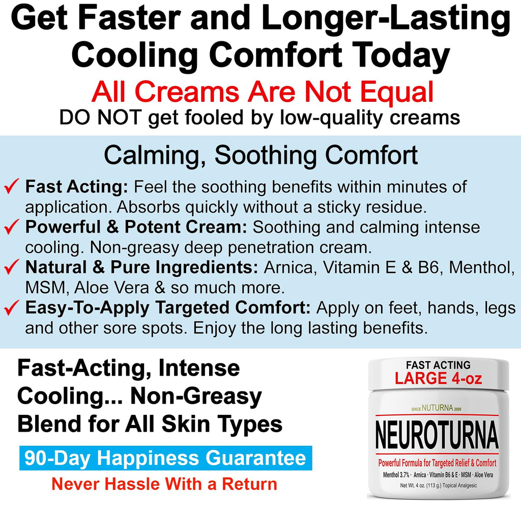 Nuturna Nerve Cream - Fast Acting Comfort for Feet, Hands, Legs & Toes - Ultra Strength Menthol, Arnica, Aloe Vera, MSM - Cooling Soothing Comfort - Non-Greasy, Paraben-Free - 4 oz - TrustMedUSA