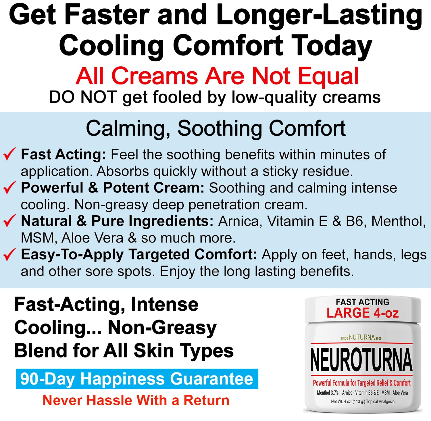 Nuturna Nerve Cream - Fast Acting Comfort for Feet, Hands, Legs & Toes - Ultra Strength Menthol, Arnica, Aloe Vera, MSM - Cooling Soothing Comfort - Non-Greasy, Paraben-Free - 4 oz - TrustMedUSA
