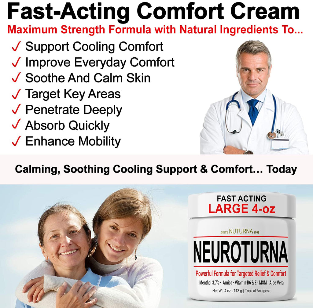 Nuturna Nerve Cream - Fast Acting Comfort for Feet, Hands, Legs & Toes - Ultra Strength Menthol, Arnica, Aloe Vera, MSM - Cooling Soothing Comfort - Non-Greasy, Paraben-Free - 4 oz - TrustMedUSA
