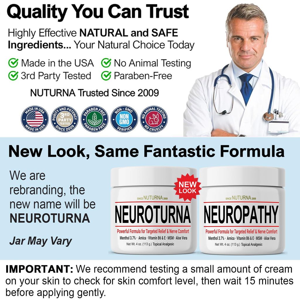 Nuturna Nerve Cream - Fast Acting Comfort for Feet, Hands, Legs & Toes - Ultra Strength Menthol, Arnica, Aloe Vera, MSM - Cooling Soothing Comfort - Non-Greasy, Paraben-Free - 4 oz - TrustMedUSA