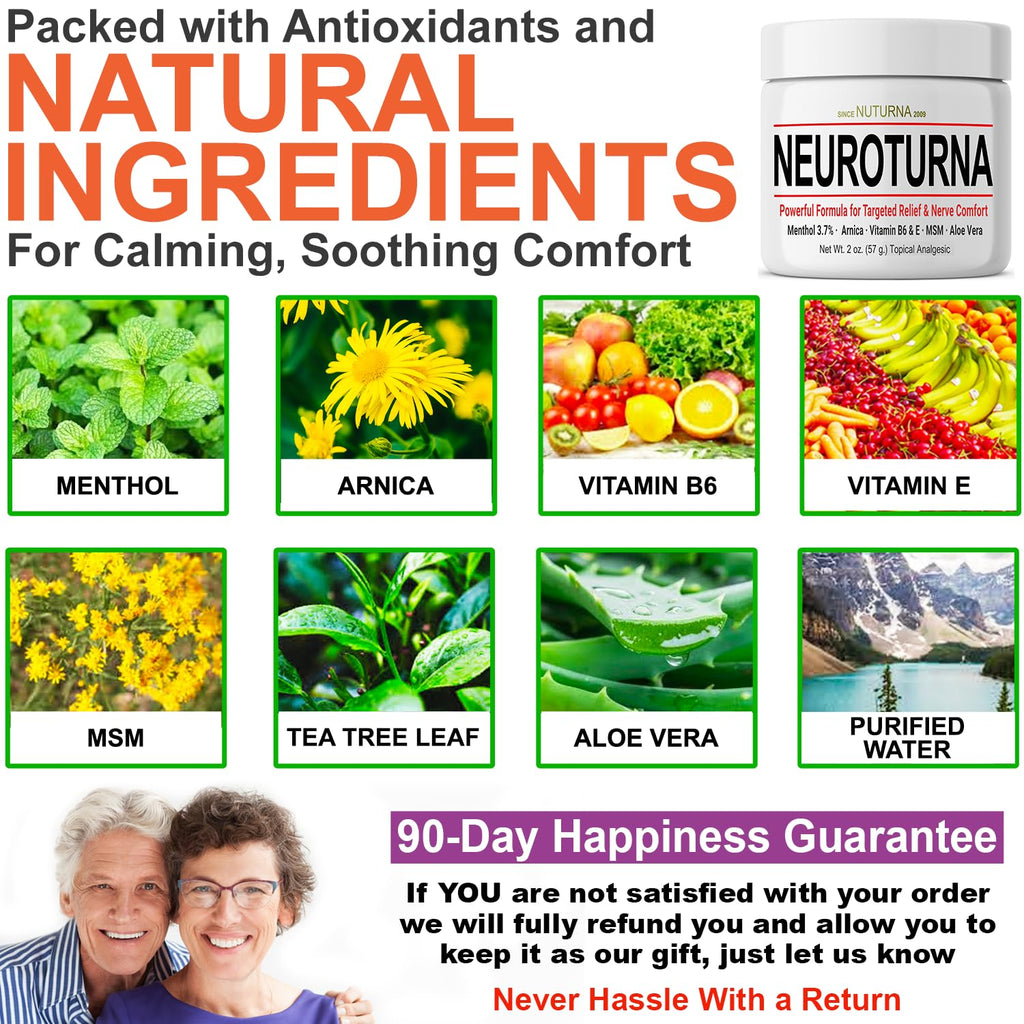 Nuturna Nerve Cream - Fast Acting Comfort for Feet, Hands, Legs & Toes - Ultra Strength Menthol, Arnica, Aloe Vera, MSM - Cooling Soothing Comfort - Non-Greasy, Paraben-Free - 4 oz - TrustMedUSA