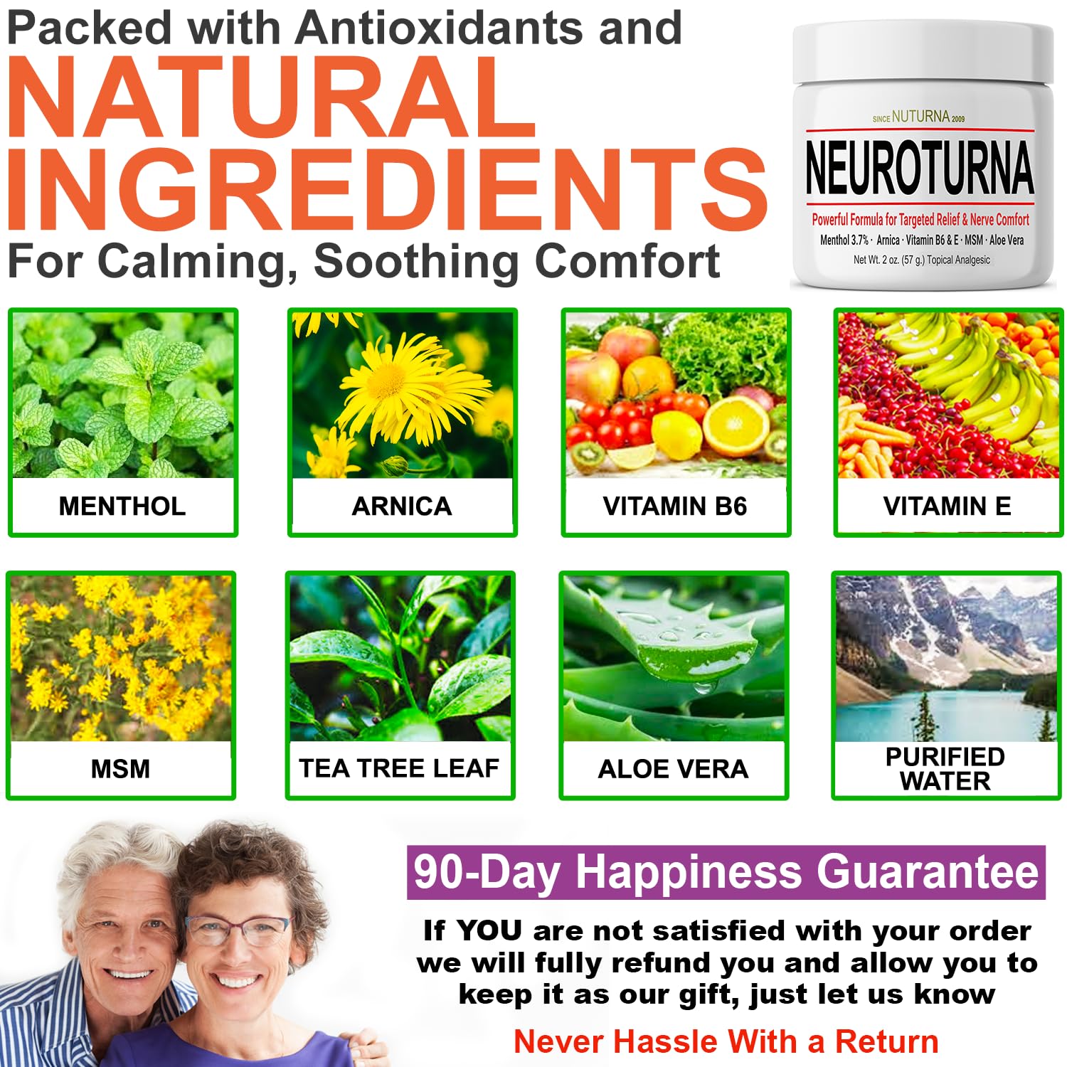 Nuturna Nerve Cream - Fast Acting Comfort for Feet, Hands, Legs & Toes - Ultra Strength Menthol, Arnica, Aloe Vera, MSM - Cooling Soothing Comfort - Non-Greasy, Paraben-Free - 4 oz - TrustMedUSA