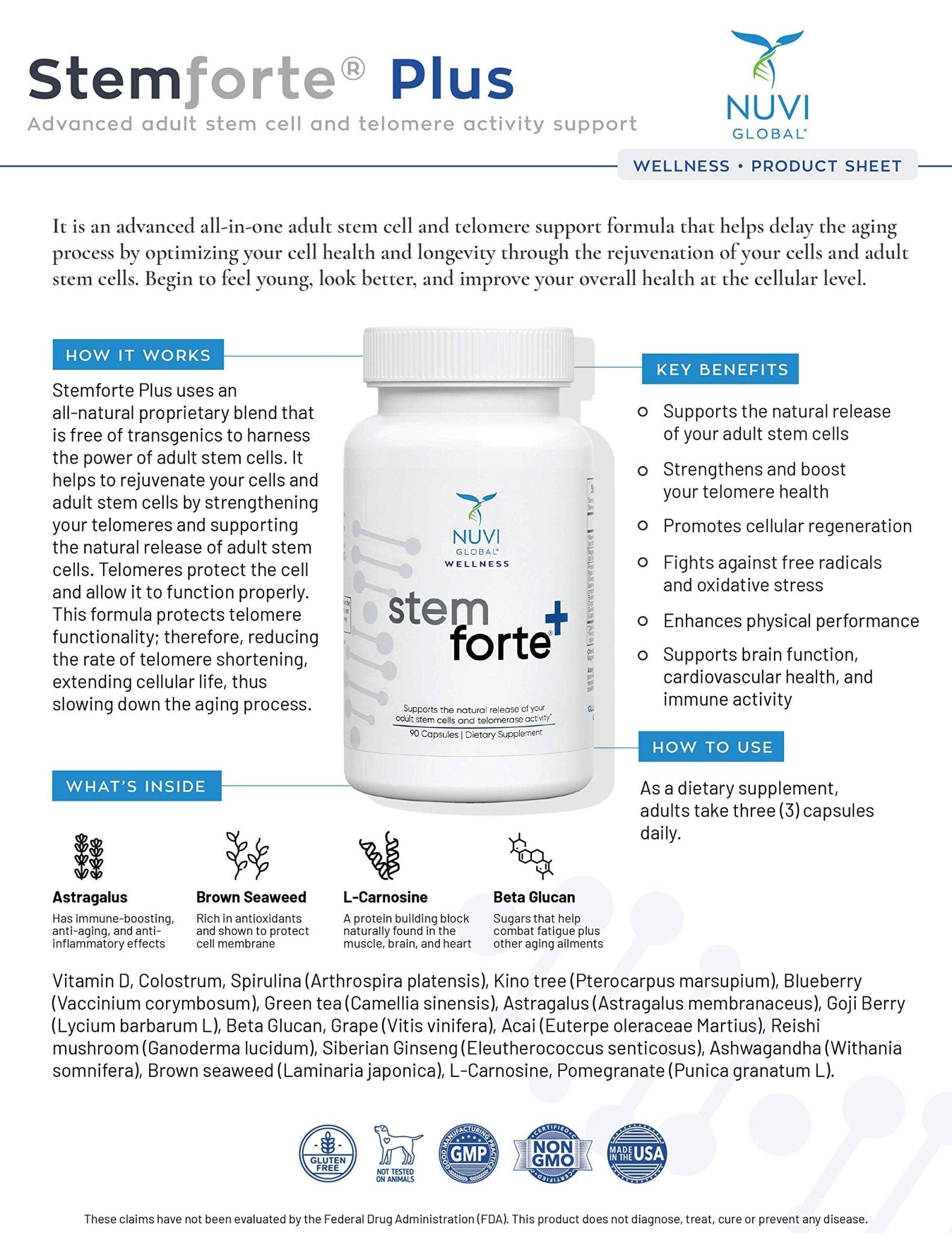 NuVi Global Stemforte Plus Stem Cell and Telomere Supplements – Cell Regeneration, Cell Growth & Telomere Support for Healthy Aging & Cellular Health – 90 Capsules for Men & Women - TrustMedUSA