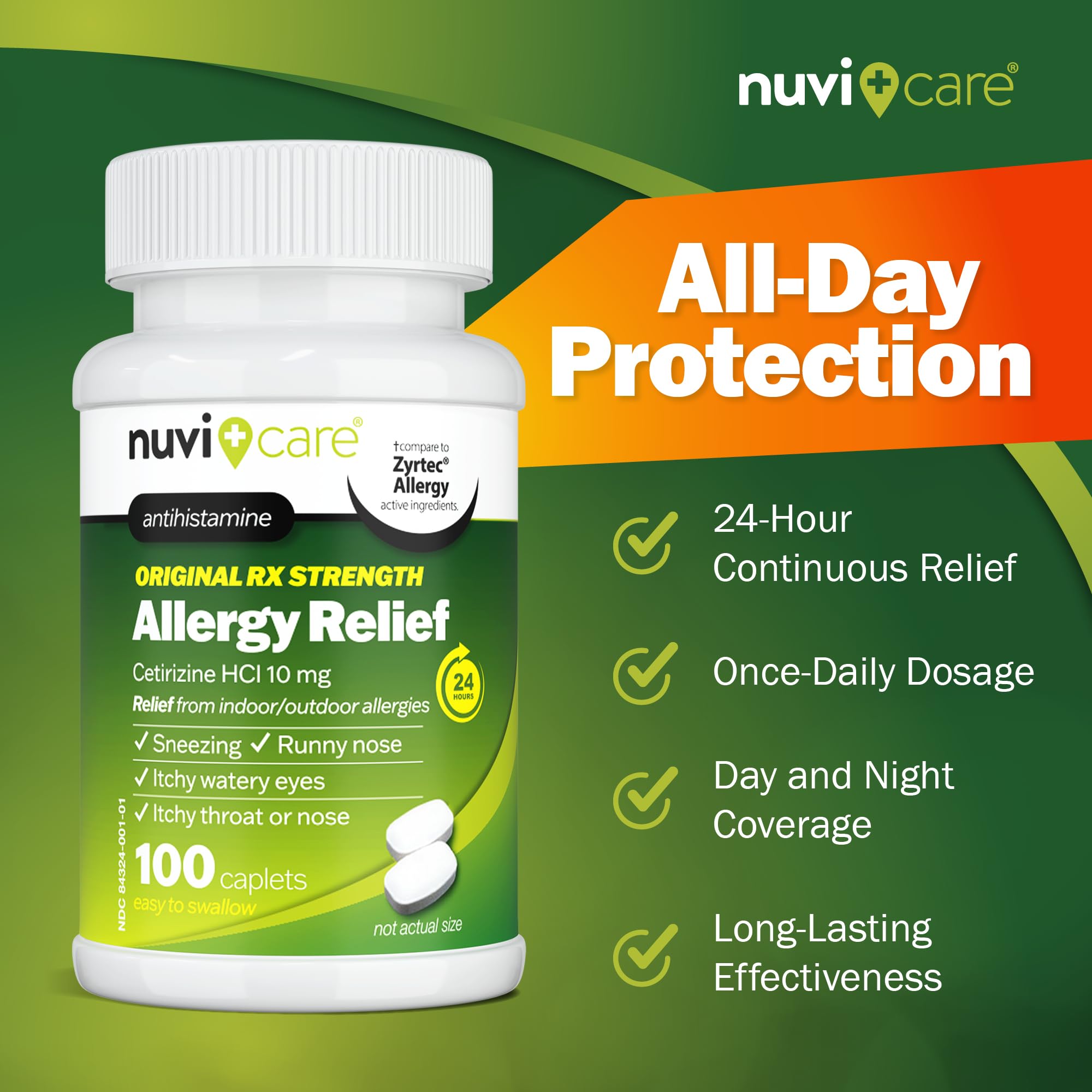 Nuvicare 24-Hour Allergy Medicine - Cetirizine Hydrochloride 10mg Tablets - Compare to the Active Ingredient in Zyrtec Antihistamine Meds - Generic Allergy Pills for All Day Allergy Relief (100 Count) - Maple Wellness Supplements