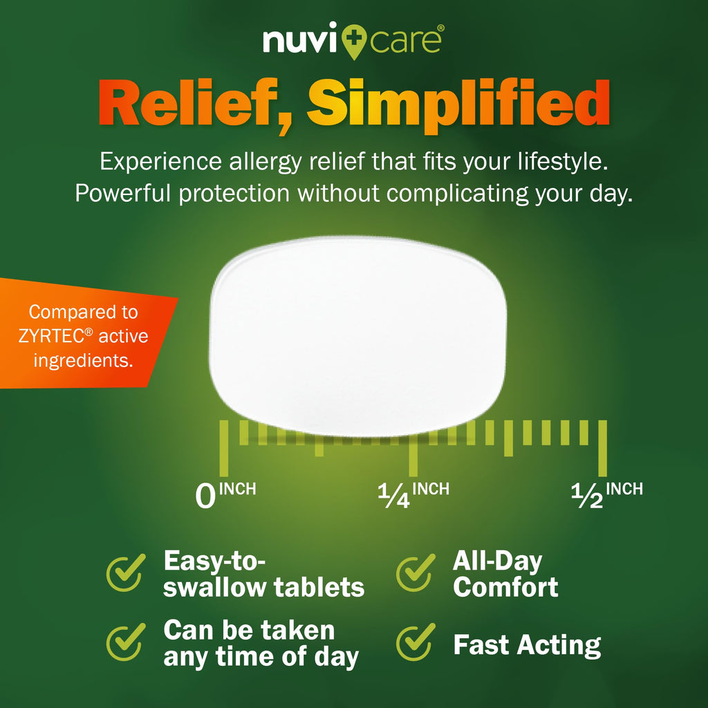 Nuvicare 24-Hour Allergy Medicine - Cetirizine Hydrochloride 10mg Tablets - Compare to the Active Ingredient in Zyrtec Antihistamine Meds - Generic Allergy Pills for All Day Allergy Relief (100 Count) - Maple Wellness Supplements