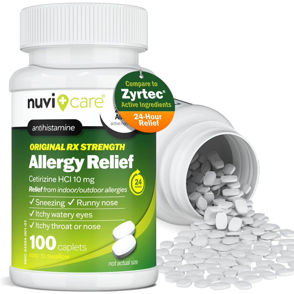 Nuvicare 24-Hour Allergy Medicine - Cetirizine Hydrochloride 10mg Tablets - Compare to the Active Ingredient in Zyrtec Antihistamine Meds - Generic Allergy Pills for All Day Allergy Relief (100 Count) - Maple Wellness Supplements