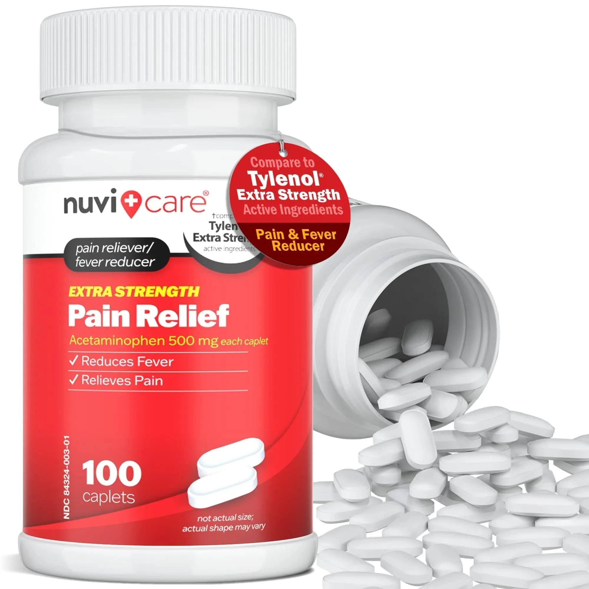 NUVICARE Acetaminophen 500mg Extra Strength Pain Relief - Compare to Tylenol Extra Strength Pain Reliever & Fever Reducer - 500mg Tablets for Adults for Headaches (100 Caplets) - TrustMedUSA