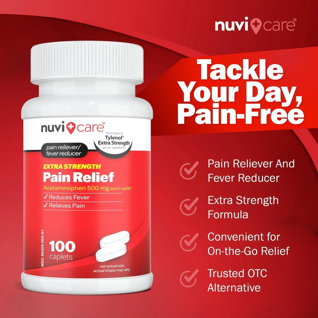 NUVICARE Acetaminophen 500mg Extra Strength Pain Relief - Compare to Tylenol Extra Strength Pain Reliever & Fever Reducer - 500mg Tablets for Adults for Headaches (100 Caplets) - TrustMedUSA
