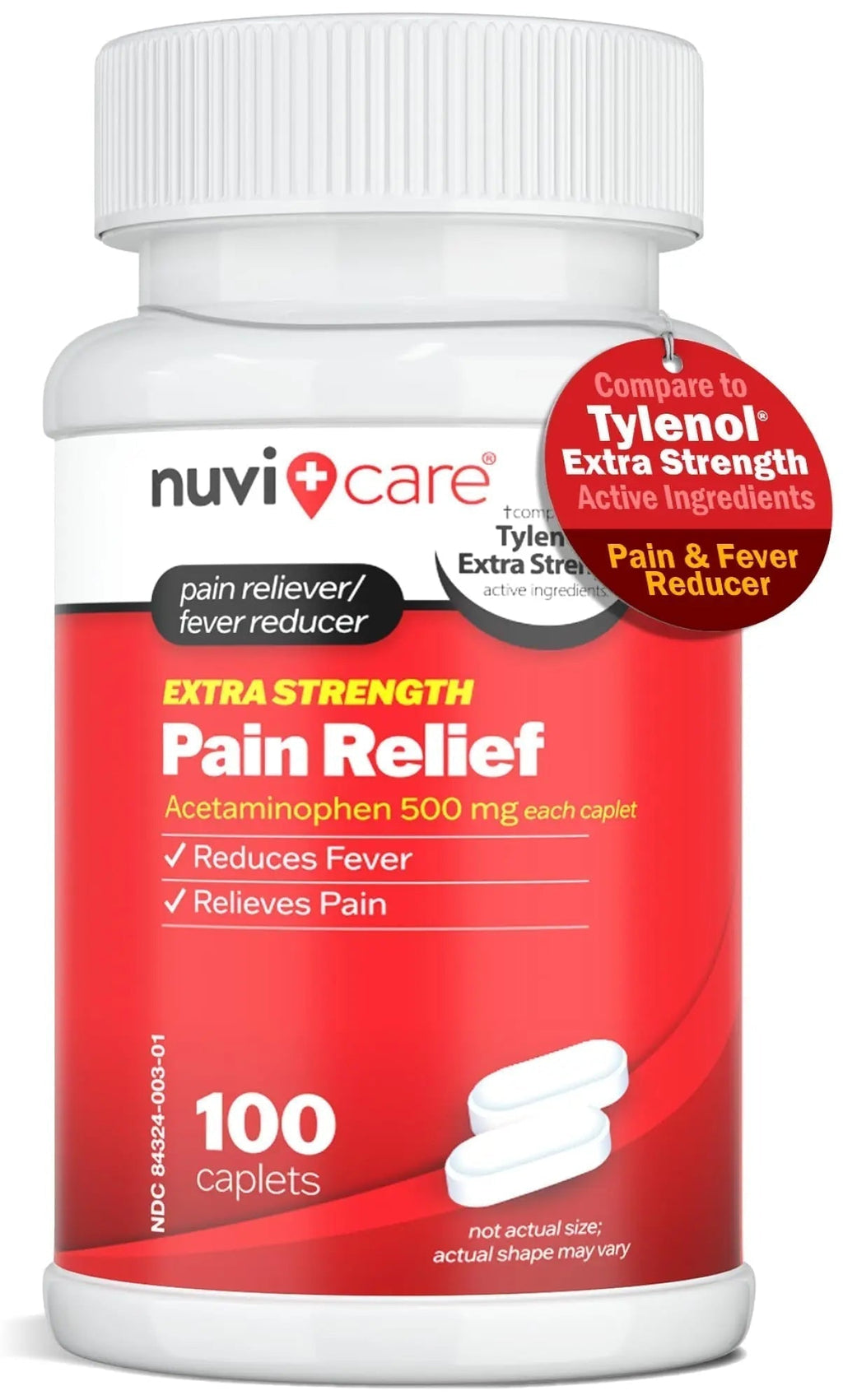 NUVICARE Acetaminophen 500mg Extra Strength Pain Relief - Compare to Tylenol Extra Strength Pain Reliever & Fever Reducer - 500mg Tablets for Adults for Headaches (100 Caplets) - TrustMedUSA