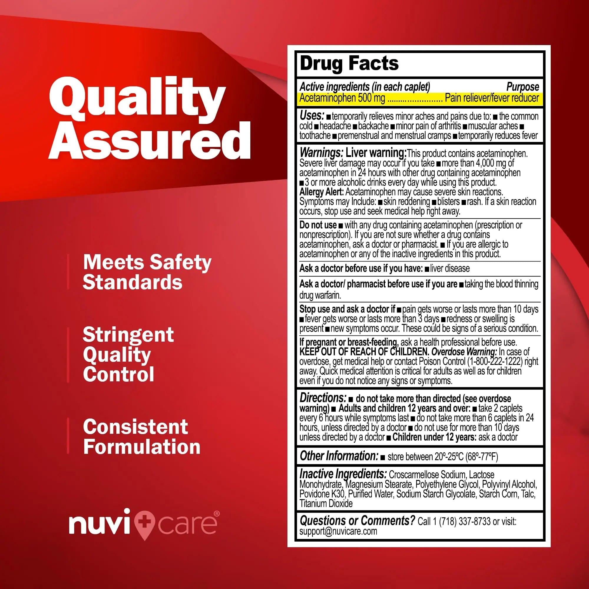 NUVICARE Acetaminophen 500mg Extra Strength Pain Relief - Compare to Tylenol Extra Strength Pain Reliever & Fever Reducer - 500mg Tablets for Adults for Headaches (100 Caplets) - TrustMedUSA