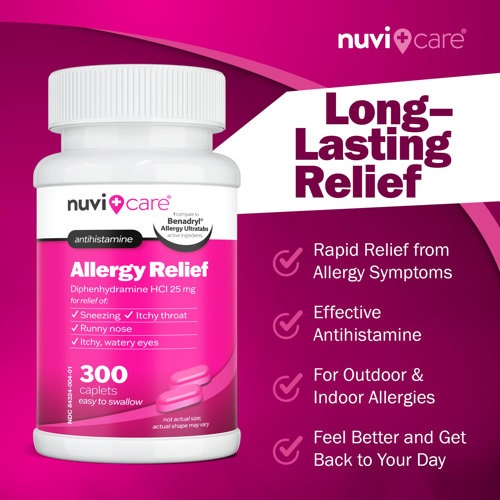 NUVICARE Allergy Relief Tablets - Diphenhydramine 25mg Antihistamine Tablets for Runny Nose, Sneezing, Itchy Eyes & Throat - Compare to Benadryl Allergy Meds - OTC Adult Allergy Medicine (300 Count) - Maple Wellness Supplements