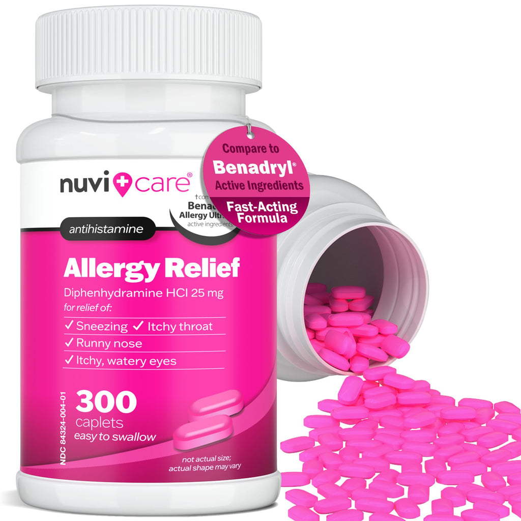 NUVICARE Allergy Relief Tablets - Diphenhydramine 25mg Antihistamine Tablets for Runny Nose, Sneezing, Itchy Eyes & Throat - Compare to Benadryl Allergy Meds - OTC Adult Allergy Medicine (300 Count) - Maple Wellness Supplements