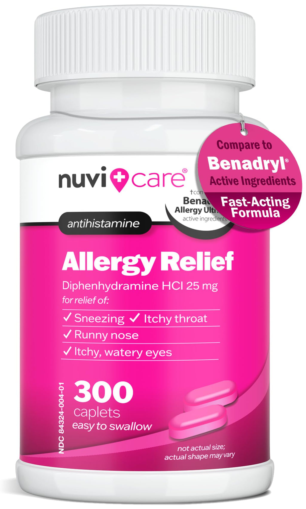 NUVICARE Allergy Relief Tablets - Diphenhydramine 25mg Antihistamine Tablets for Runny Nose, Sneezing, Itchy Eyes & Throat - Compare to Benadryl Allergy Meds - OTC Adult Allergy Medicine (300 Count) - Maple Wellness Supplements