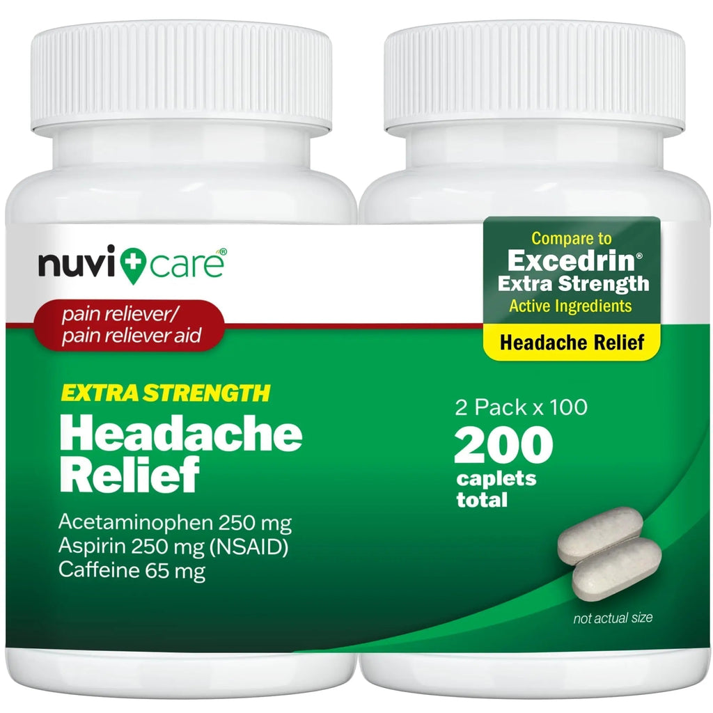 NUVICARE Headache Relief with Acetaminophen 250 mg, Aspirin (NSAID) 250 mg, Caffeine 65 mg - Temporary Relief of Minor Aches & Pains - Compare to Excedrin Extra Strength Pain Reliever (2 Pack) - TrustMedUSA