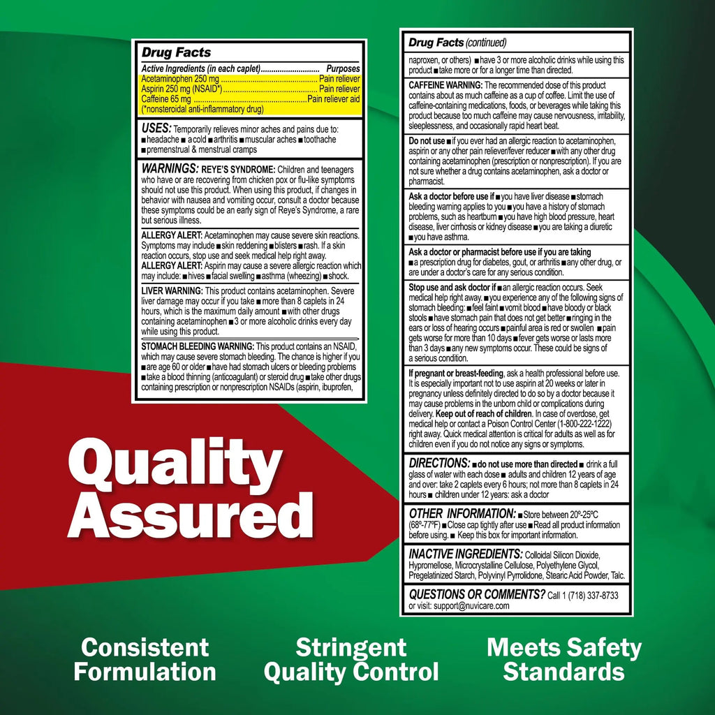 NUVICARE Headache Relief with Acetaminophen 250 mg, Aspirin (NSAID) 250 mg, Caffeine 65 mg - Temporary Relief of Minor Aches & Pains - Compare to Excedrin Extra Strength Pain Reliever (2 Pack) - TrustMedUSA