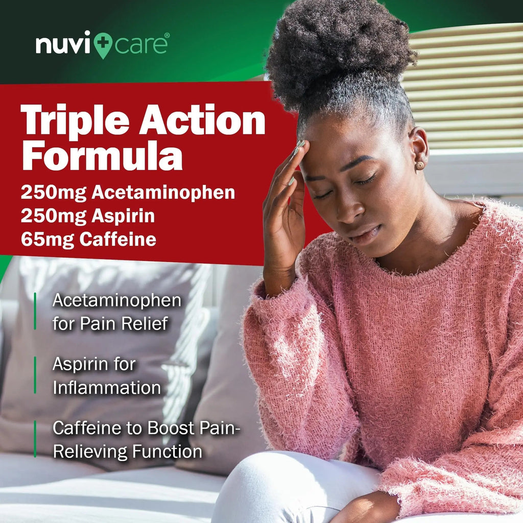 NUVICARE Headache Relief with Acetaminophen 250 mg, Aspirin (NSAID) 250 mg, Caffeine 65 mg - Temporary Relief of Minor Aches & Pains - Compare to Excedrin Extra Strength Pain Reliever (2 Pack) - TrustMedUSA