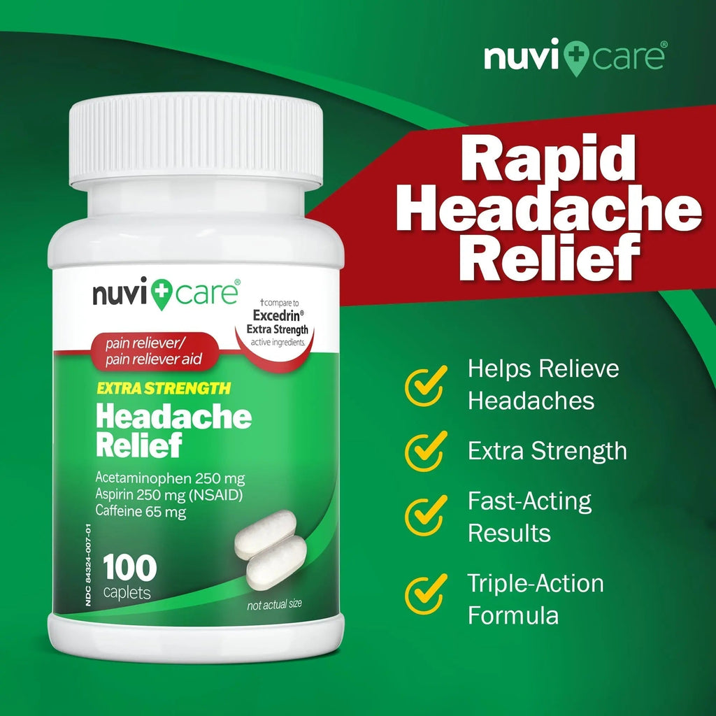 NUVICARE Headache Relief with Acetaminophen 250 mg, Aspirin (NSAID) 250 mg, Caffeine 65 mg - Temporary Relief of Minor Aches & Pains - Compare to Excedrin Extra Strength Pain Reliever (2 Pack) - TrustMedUSA